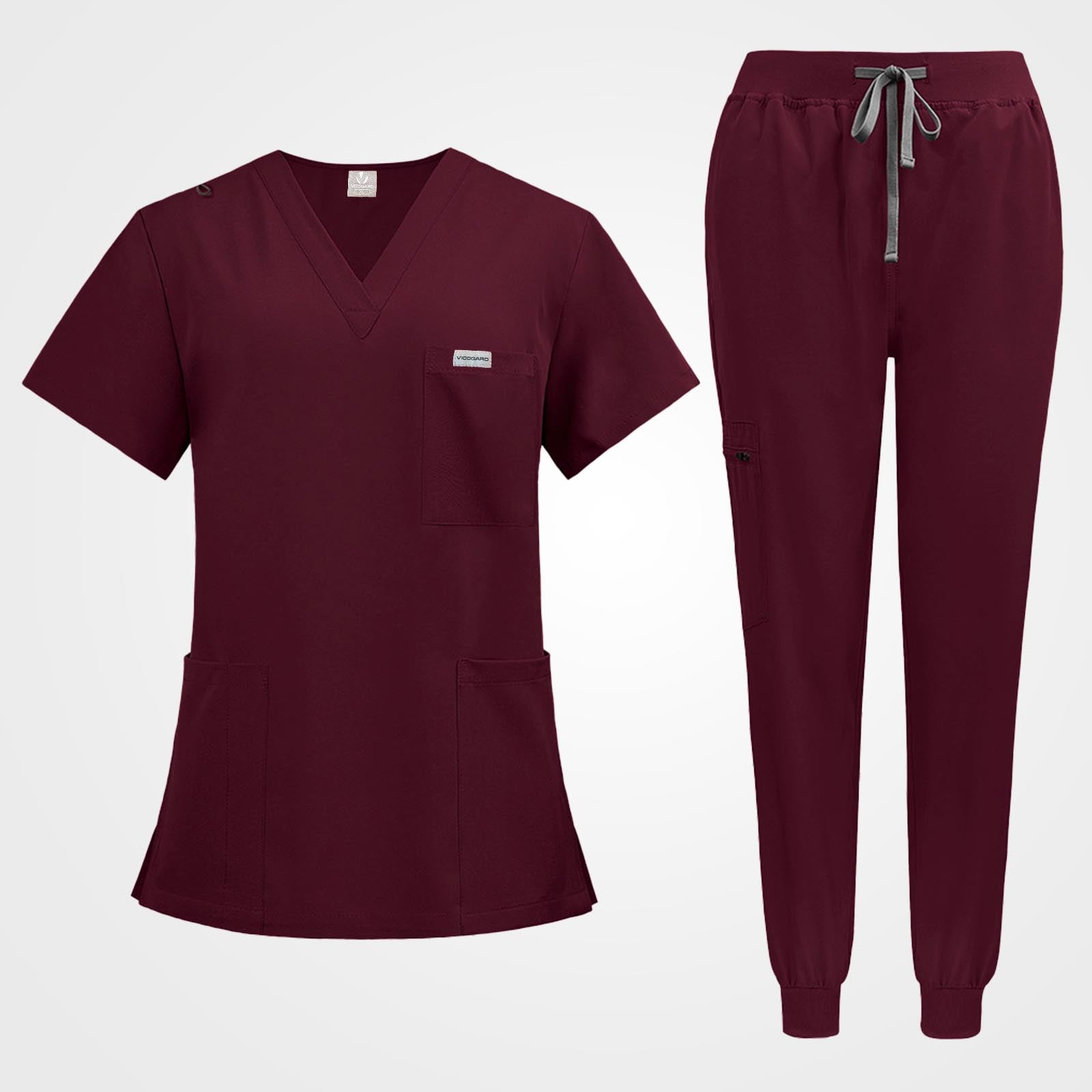 Premium burgundy medical uniform set flat lay top down