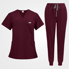 Premium burgundy medical uniform set flat lay top down