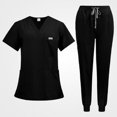 Vicogard® black 8-pocket medical uniform set flat lay