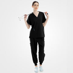 Black classic V-neck scrub top and ribbed cuff pants full front view