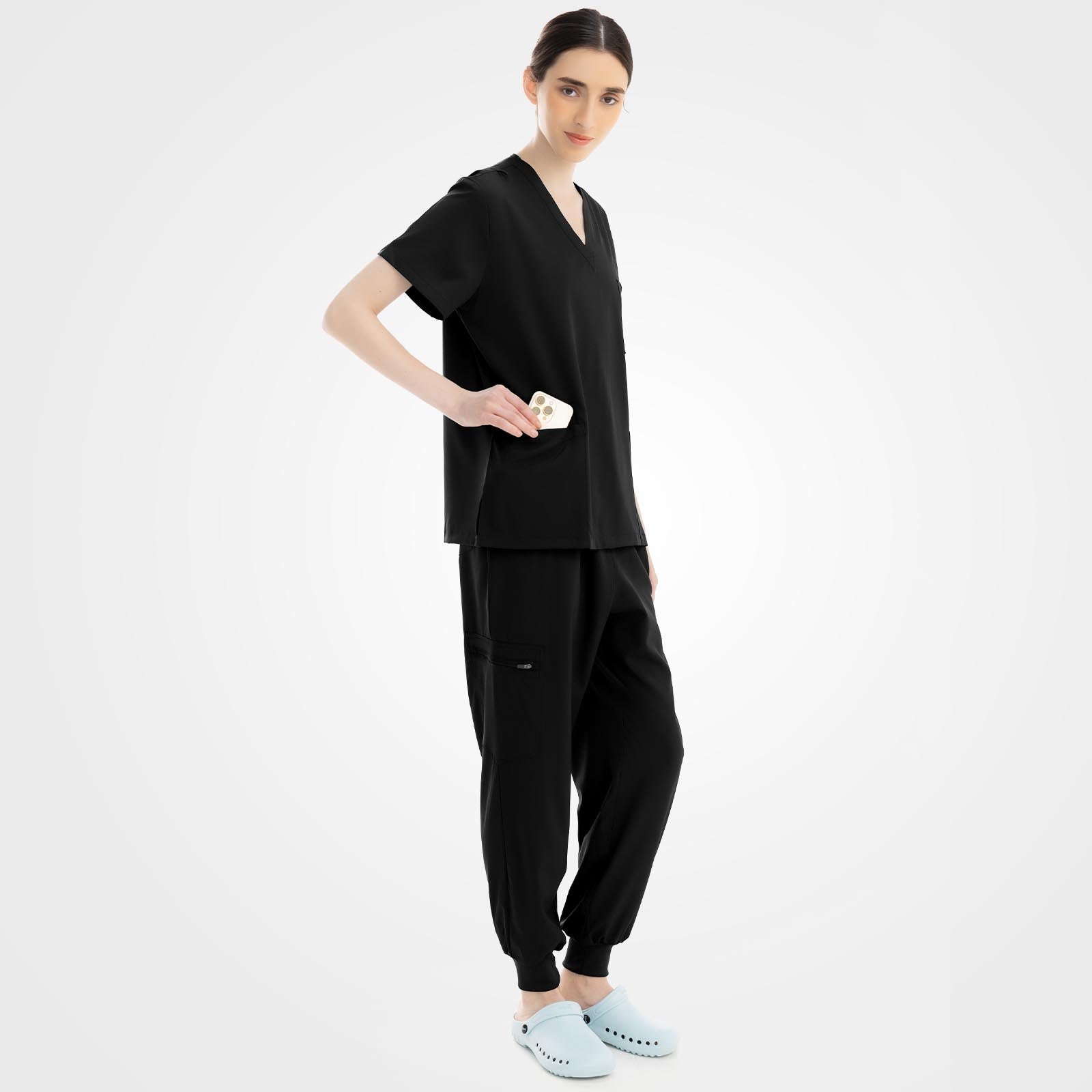 Black active scrub set side profile showing zippered thigh pocket