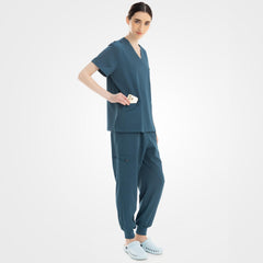 Caribbean blue pro-active scrubs side profile with zippered pocket