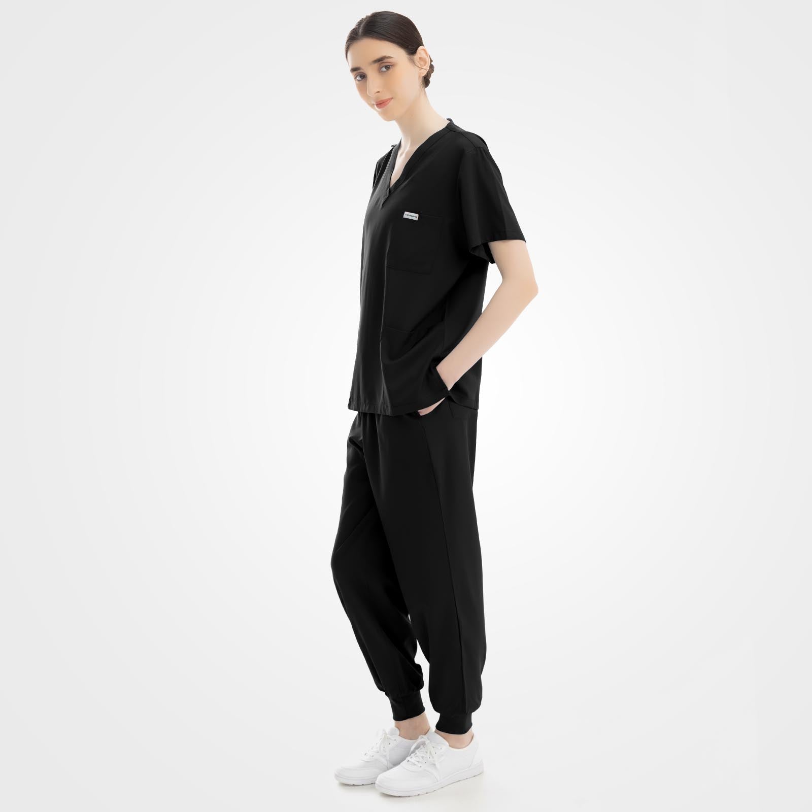 Black medical scrub set back view ribbed waistband and cuffs