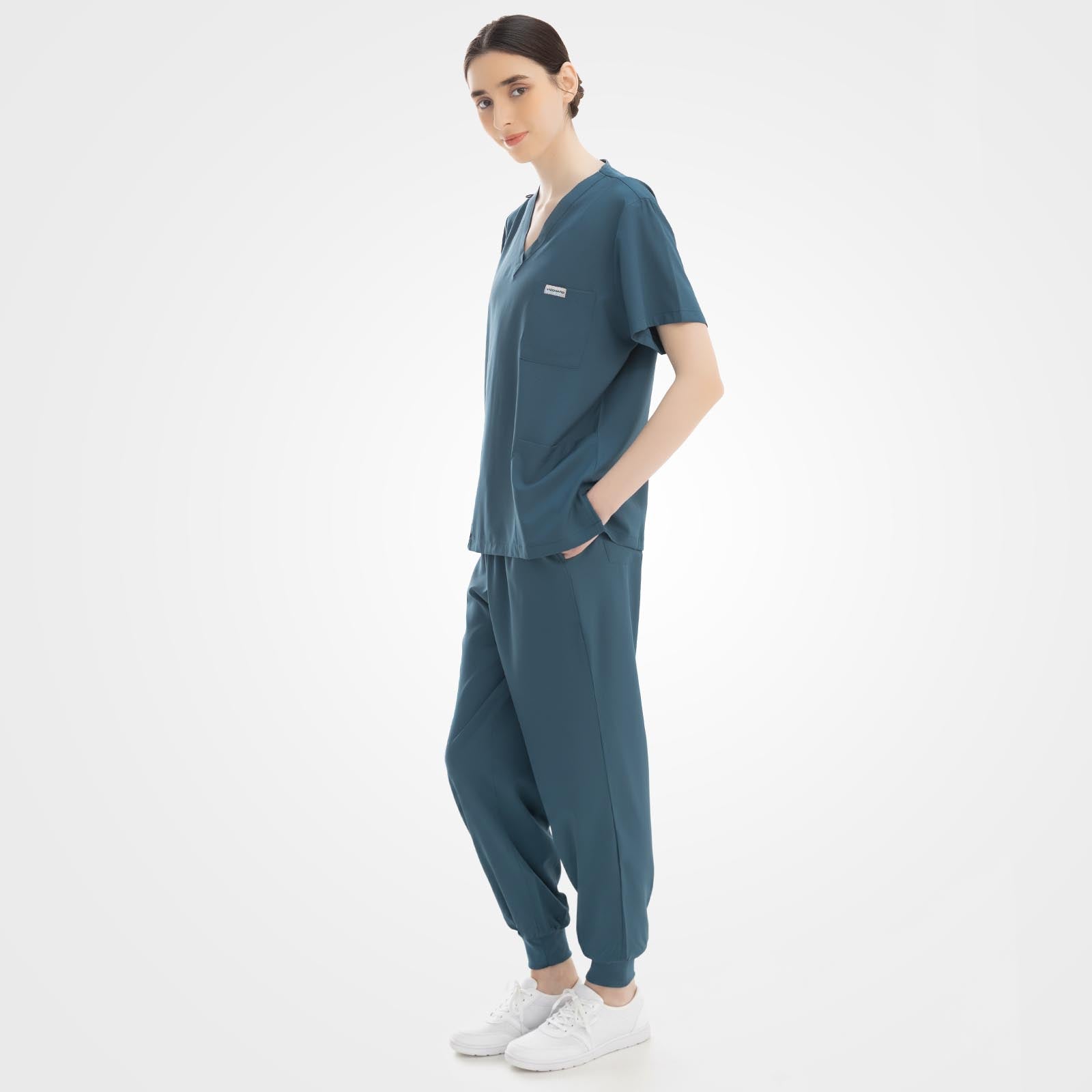 Women's caribbean blue scrub set back view wrinkle resistant fabric