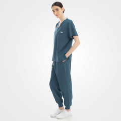 Women's caribbean blue scrub set back view wrinkle resistant fabric