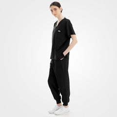 Black medical scrub set back view ribbed waistband and cuffs