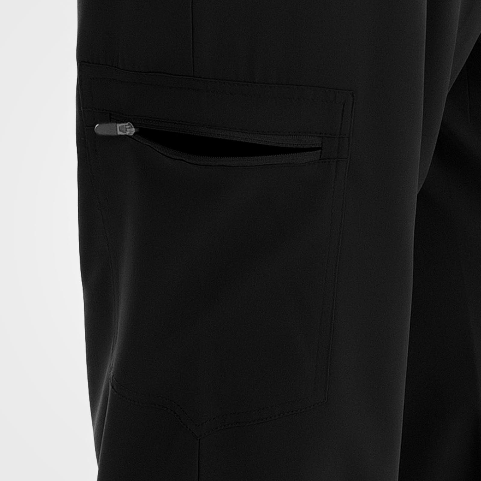 Black scrub pants secure zippered thigh pocket outward-opening detail