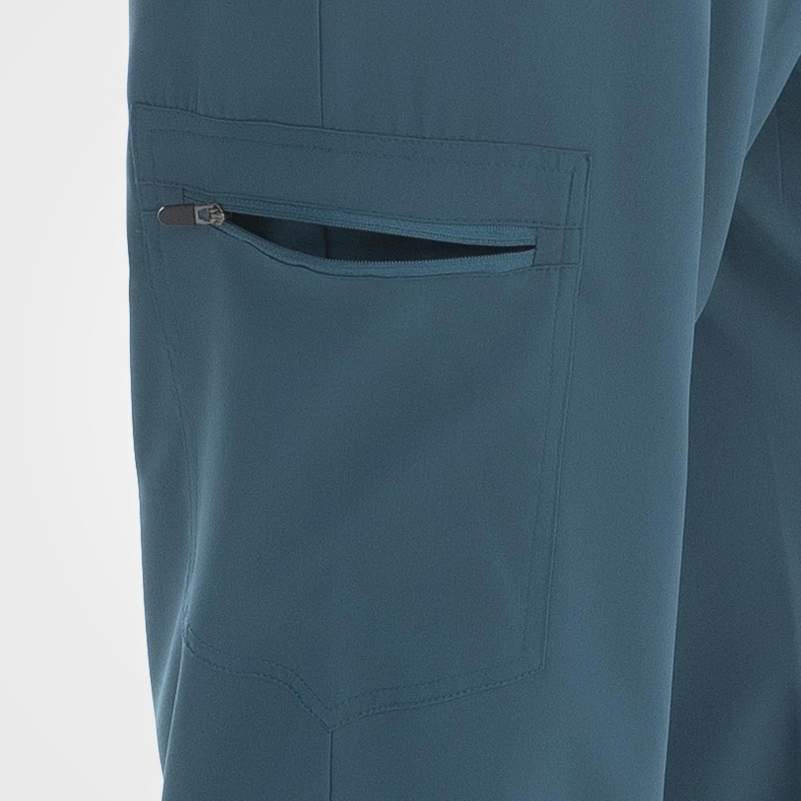 Caribbean blue scrub pants outward-opening zippered thigh pocket detail