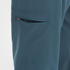 Caribbean blue scrub pants outward-opening zippered thigh pocket detail