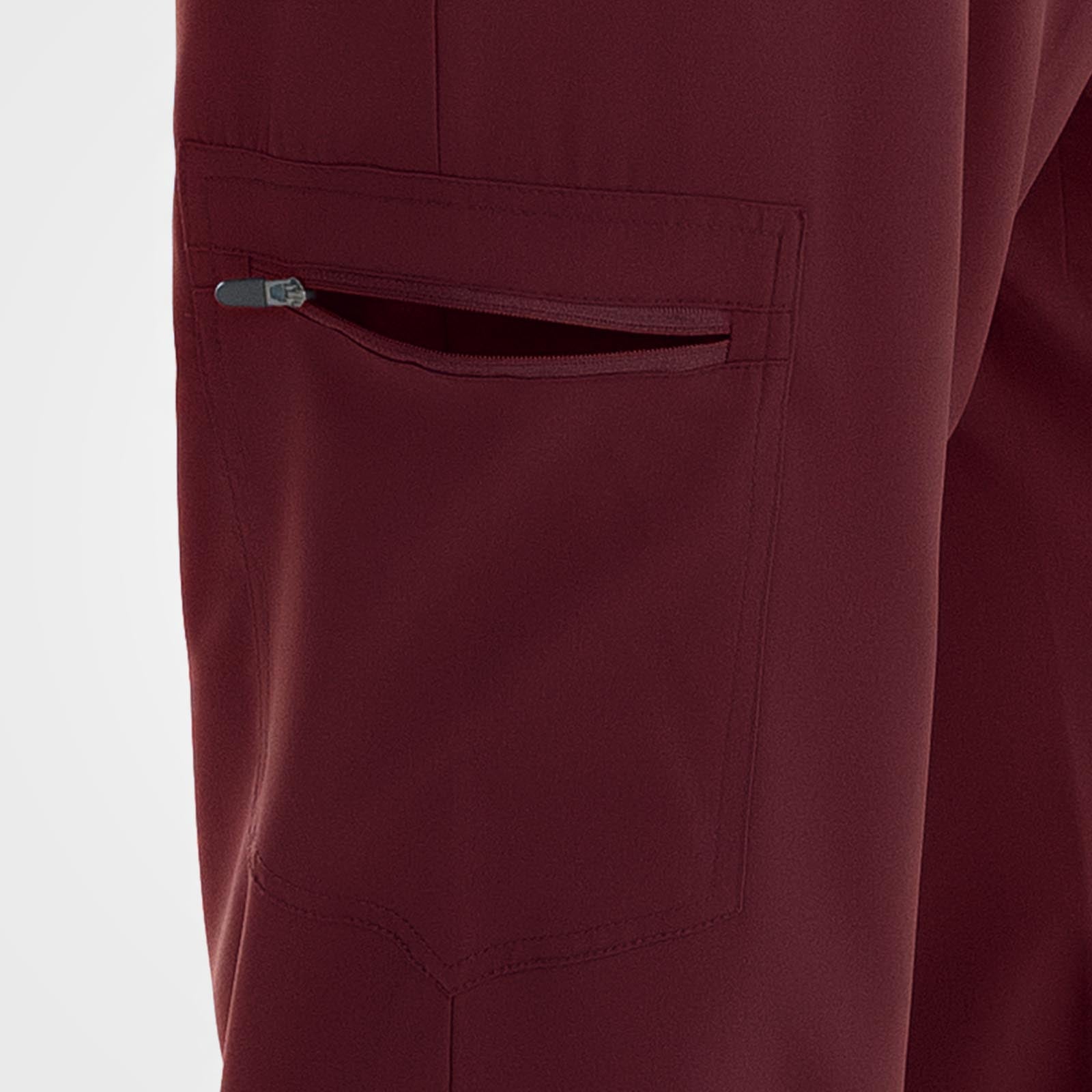 Wine red scrub pants outward-opening secure zippered thigh compartment