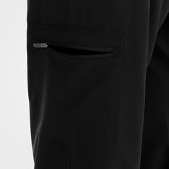 Black scrub pants secure zippered thigh pocket outward-opening detail