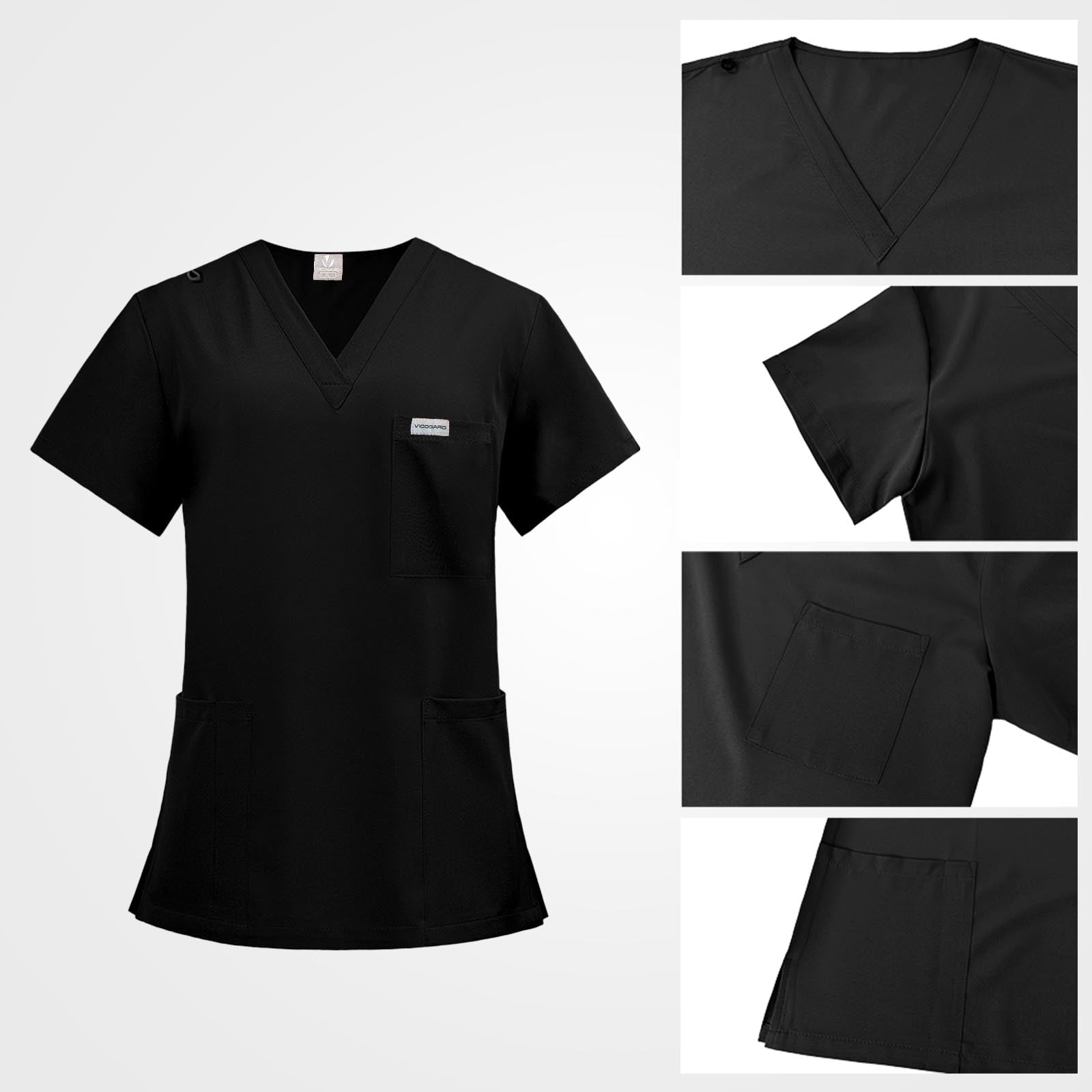 V-neck scrub top with right shoulder utility loop detail