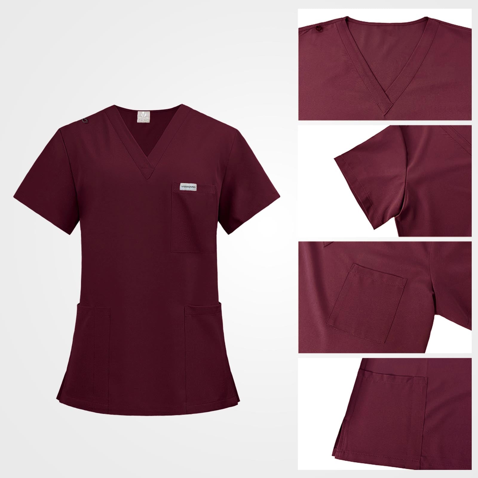 Elegant V-neckline with right shoulder badge loop in burgundy