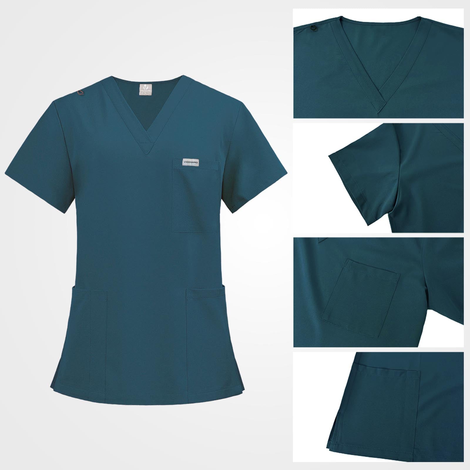 V-neckline with right shoulder badge loop in caribbean blue