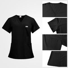 V-neck scrub top with right shoulder utility loop detail