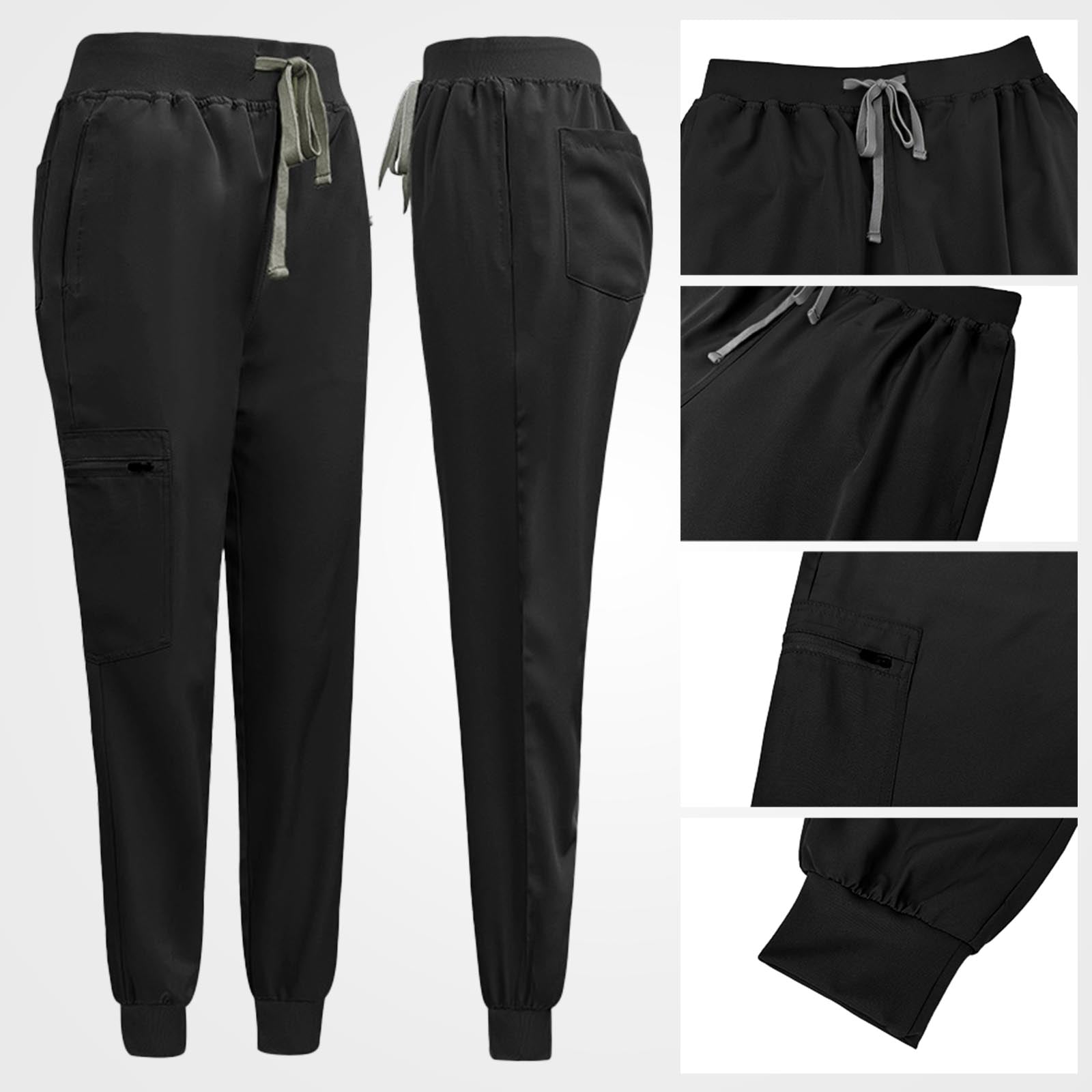 Scrub pants elastic ribbed waistband and adjustable drawstring detail