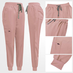 Pink jogger scrub pants flexible ribbed waistband
