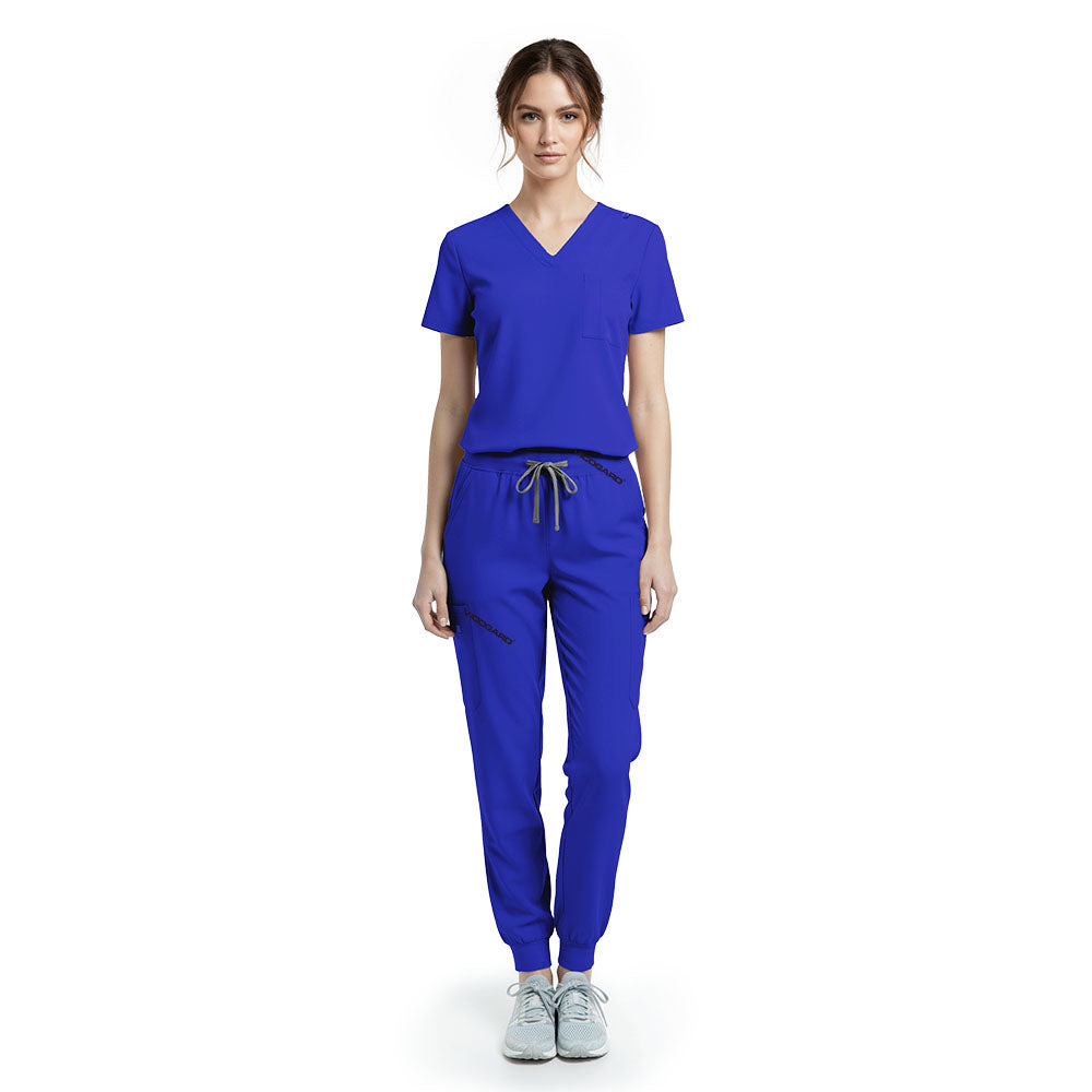 Vicogard Royal Blue active jogger scrub set front view, V-neck top with shoulder badge loop for ID
