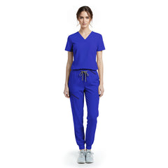 Vicogard Royal Blue performance scrub set front view, active jogger uniform with badge loop