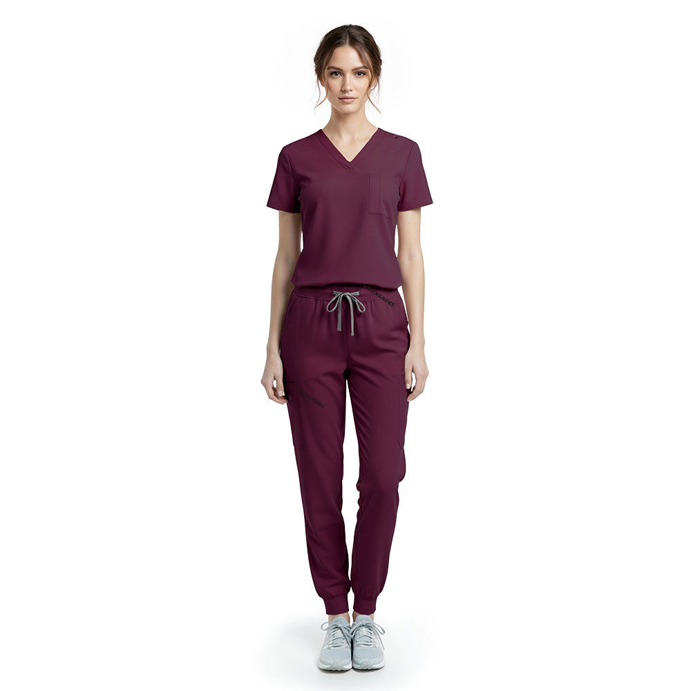 Vicogard Burgundy performance jogger scrub set front view, professional V-neck top with badge loop