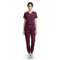 Vicogard Burgundy performance jogger scrub set front view, professional V-neck top with badge loop