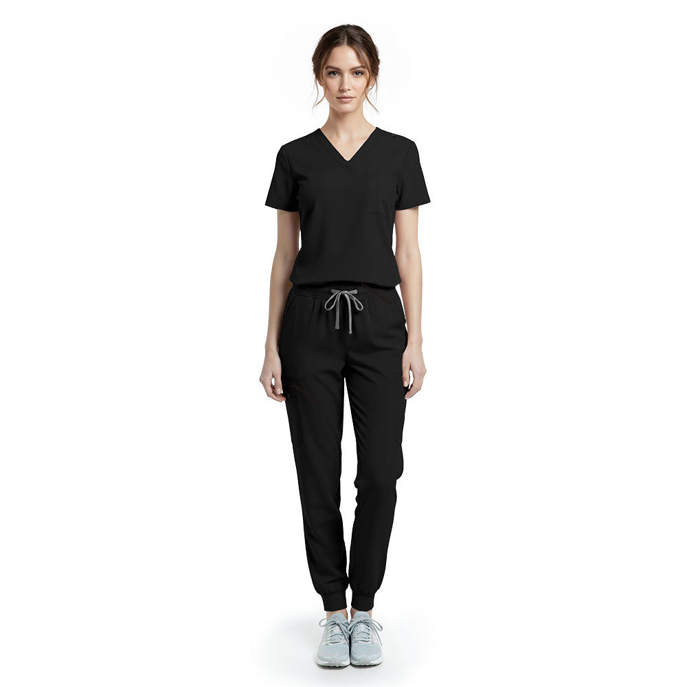 Vicogard Black performance jogger scrub set front view, sleek V-neck top with badge loop for estheticians