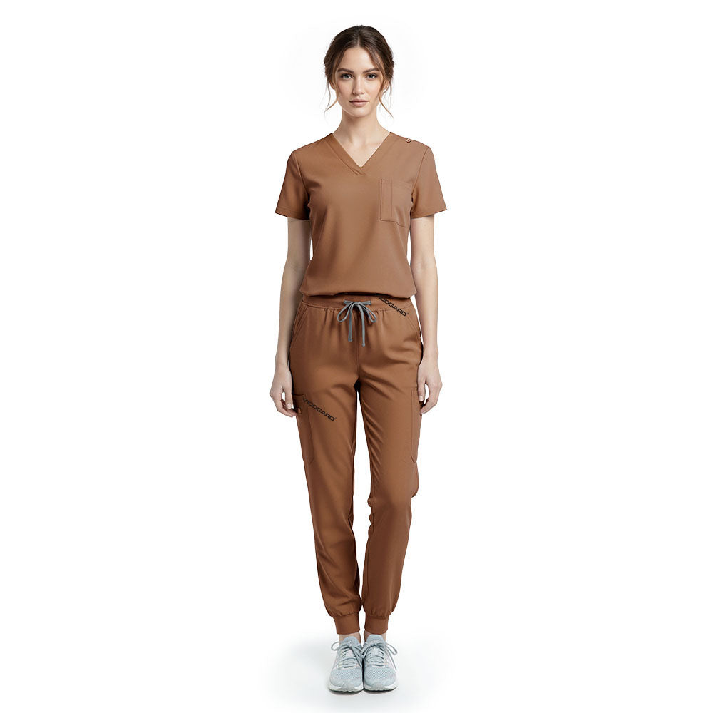 Vicogard Coffee performance jogger scrub set front view, warm V-neck top with badge loop