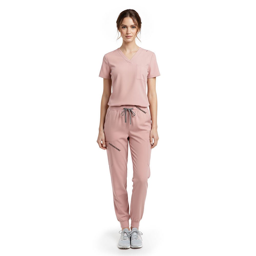 Vicogard Pink performance jogger scrub set front view, lightweight V-neck top with badge loop