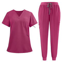 Flat lay of Rose Pink active medical uniform featuring streamlined top and 3-pocket pants