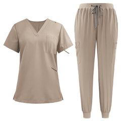 Flat lay of Apricot active medical uniform featuring streamlined top and 3-pocket pants