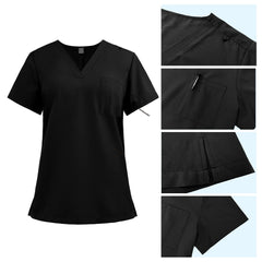 Detail of Black scrub top shoulder D-ring loop and minimalist chest pocket