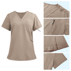 Detail of Apricot scrub top shoulder D-ring loop and minimalist chest pocket