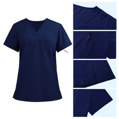 Detail of Galaxy Blue scrub top shoulder D-ring loop and minimalist chest pocket