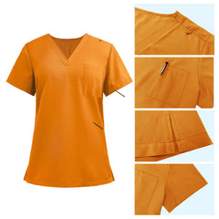 Detail of Mango Yellow scrub top shoulder D-ring loop and minimalist chest pocket