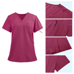Detail of Rose Pink scrub top shoulder D-ring loop and minimalist chest pocket