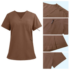 Detail of Coffee scrub top shoulder D-ring loop and minimalist chest pocket