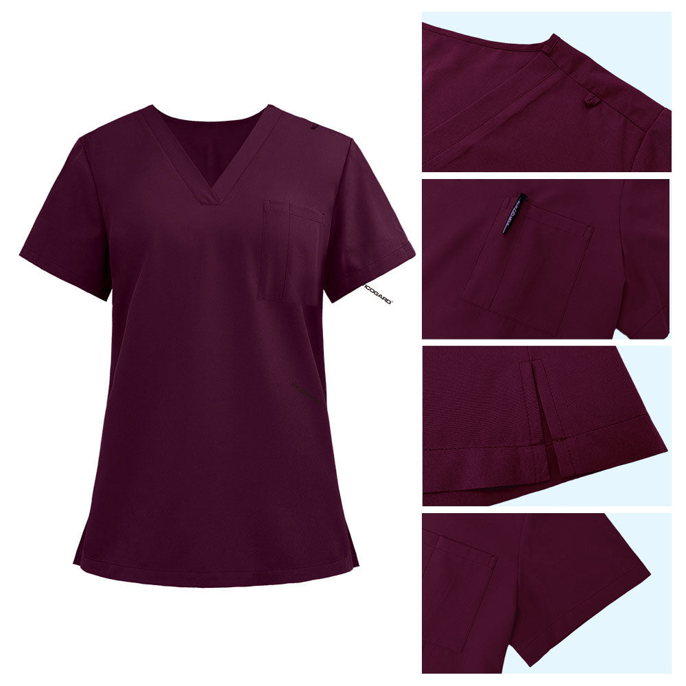 Detail of Burgundy scrub top shoulder D-ring loop and minimalist chest pocket