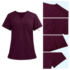 Detail of Burgundy scrub top shoulder D-ring loop and minimalist chest pocket