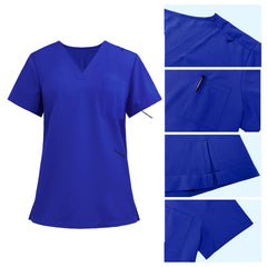 Detail of Royal Blue scrub top shoulder D-ring loop and functional chest pocket stitching