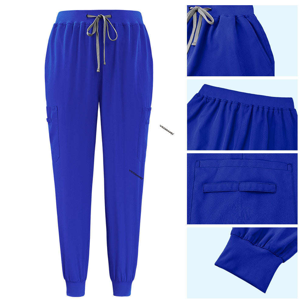 Detail of Royal Blue jogger pants with elastic waistband and durable side cargo pocket