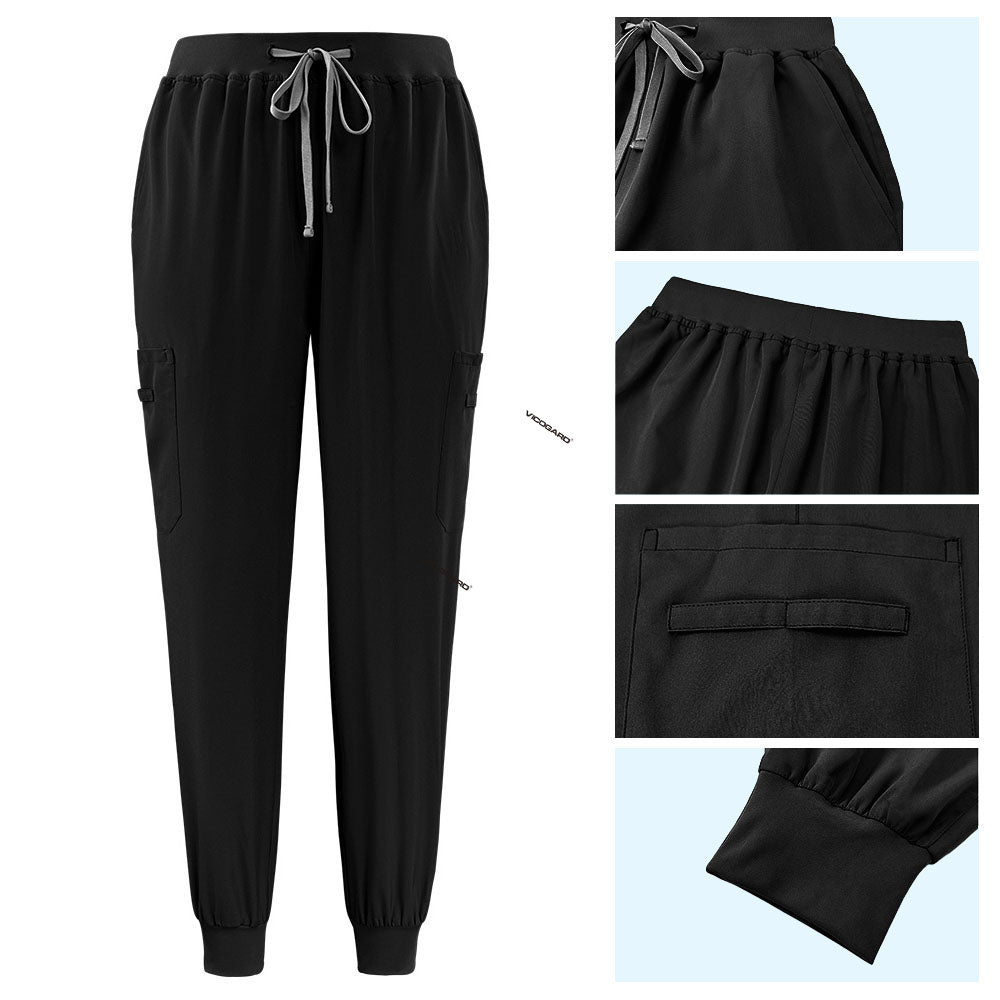 Detail of Black active jogger pants with elastic waistband and durable side pocket
