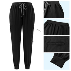 Detail of Black active jogger pants with elastic waistband and durable side pocket