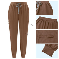 Detail of Coffee active jogger pants with elastic waistband and durable side pocket