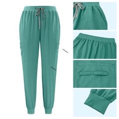 Detail of Turquoise active jogger pants with elastic waistband and durable side pocket