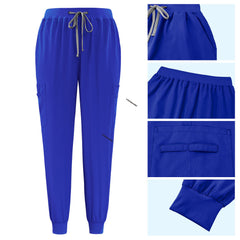 Detail of Royal Blue jogger pants with elastic waistband and durable side cargo pocket