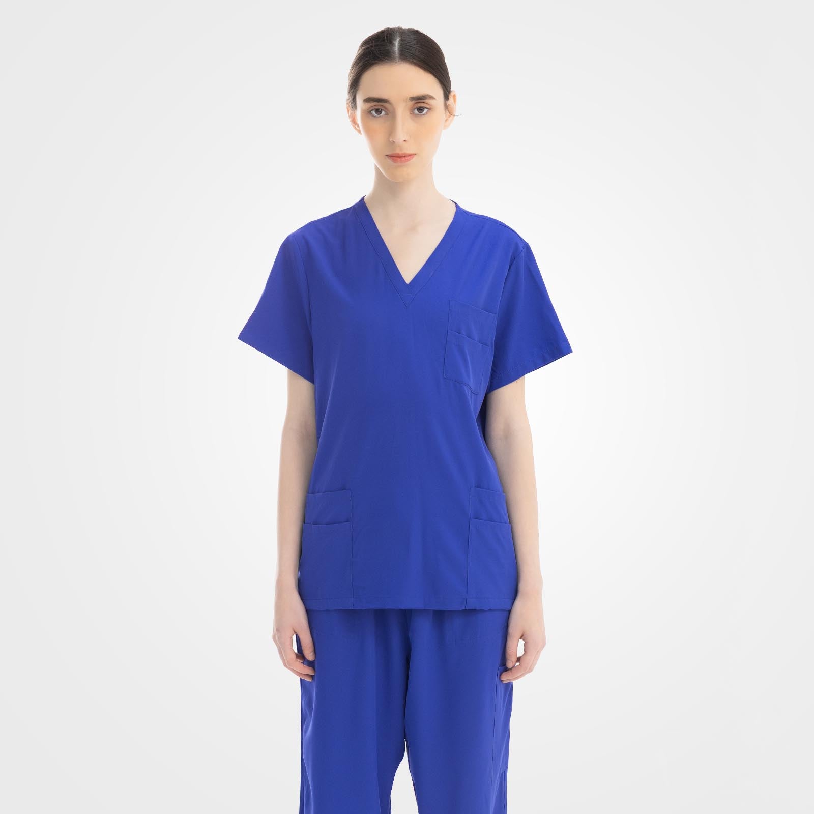 Royal blue nursing scrubs for women set on model