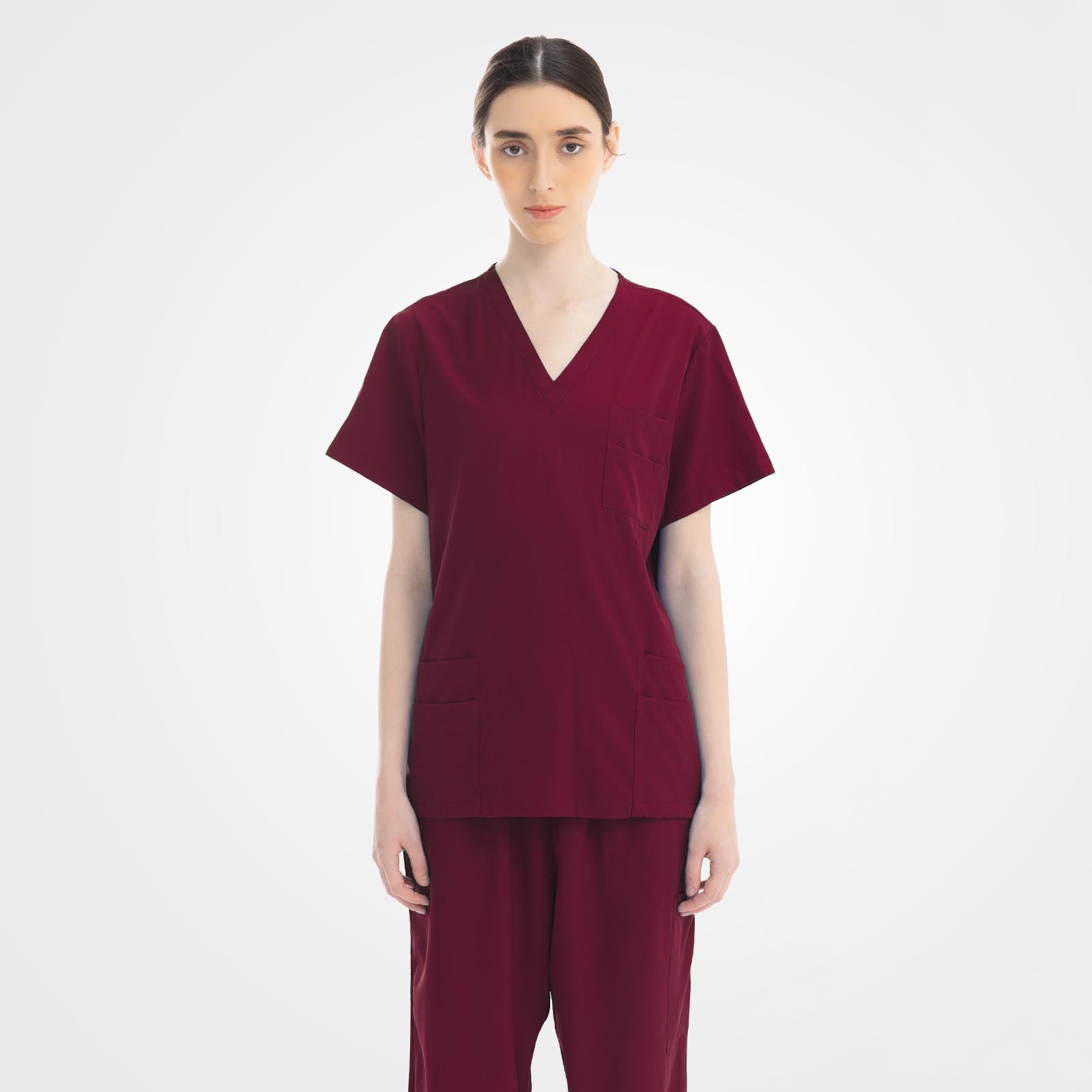 Burgundy scrubs for women set elegant fit on model