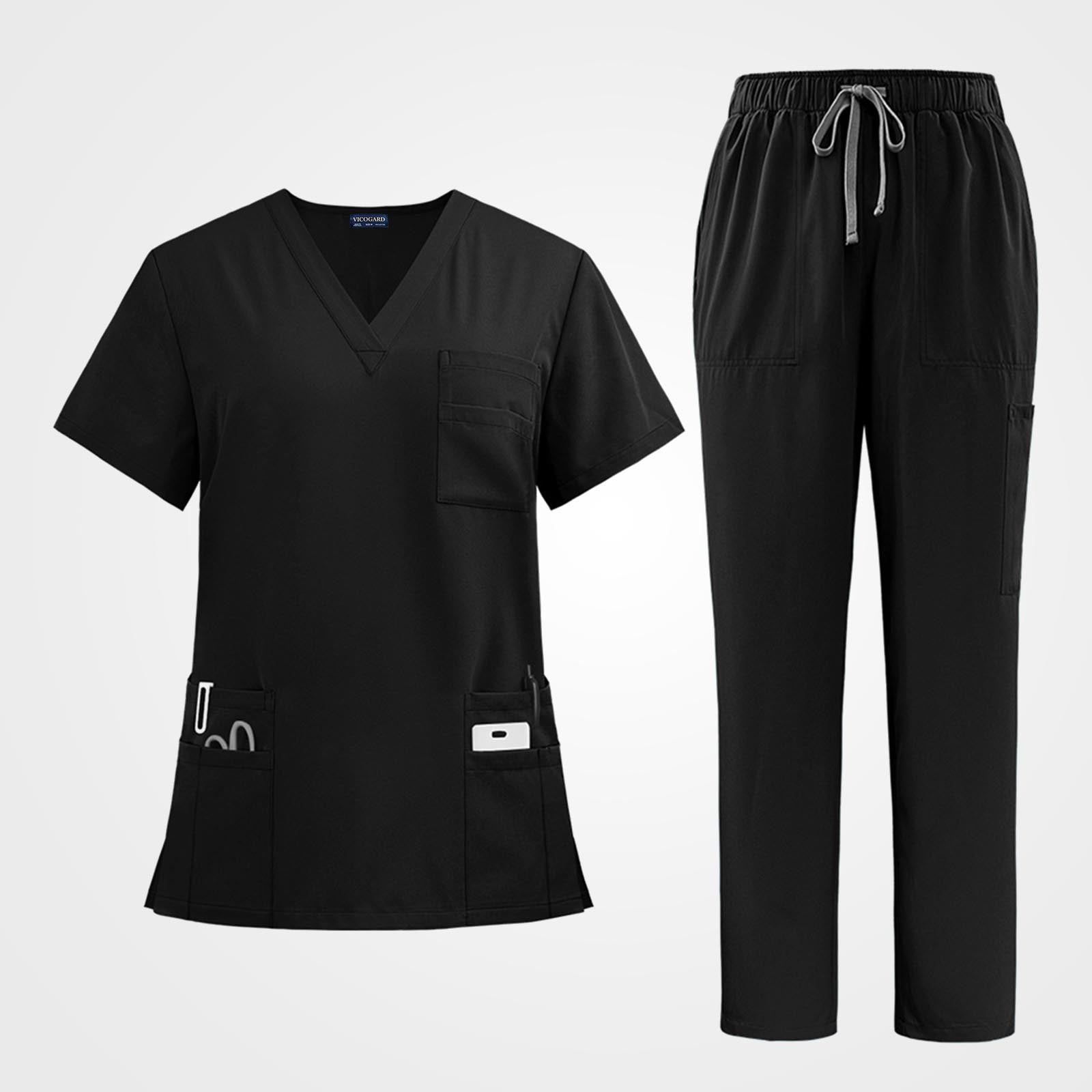 Sleek black medical scrub sets women flat lay view