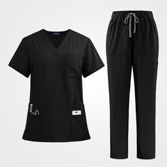 Sleek black medical scrub sets women flat lay view