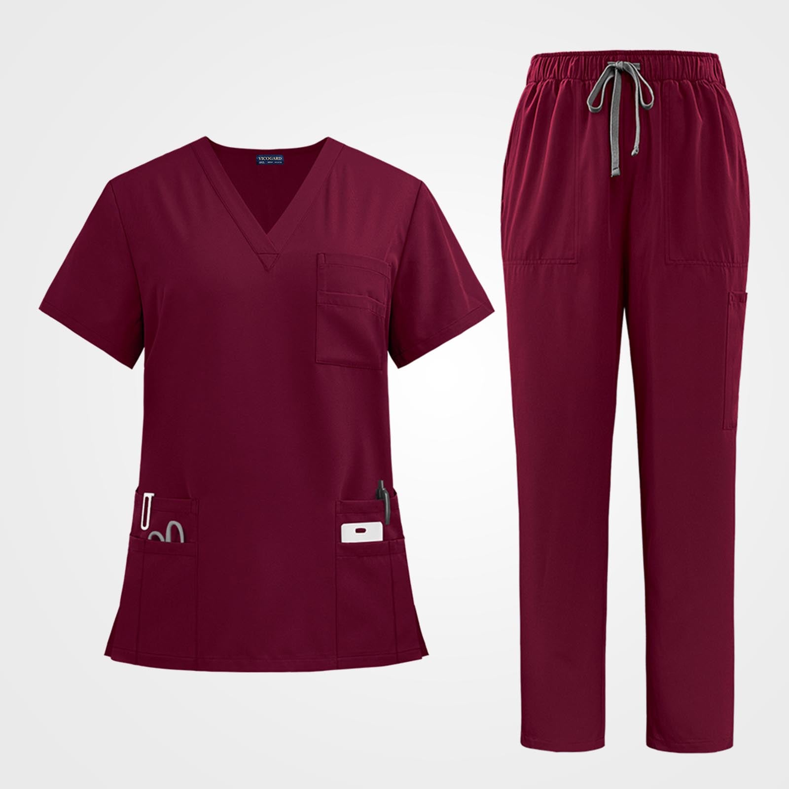 Premium wine red medical scrub sets flat lay view